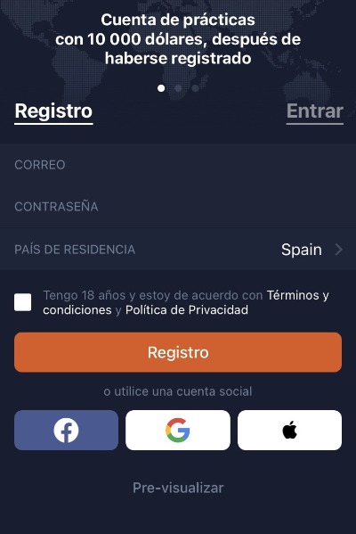 Registro de la app móvil IQ Option